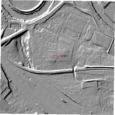Shaded relief map of the ground around YO264YD, computed from Environment Agency LiDAR. The ground here sits at about 13 m above sea level and falls 13 m across the surrounding 800 m. Surface water reaching this point runs off ground lying to the north-east, 1.7 m higher.