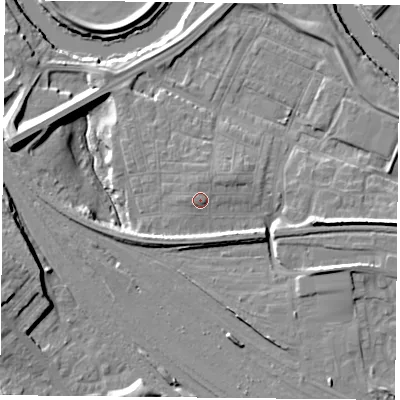 Shaded relief map of the ground around YO264YE, computed from Environment Agency LiDAR. The ground here sits at about 13 m above sea level and falls 14 m across the surrounding 800 m. Surface water reaching this point runs off ground lying to the north-north-east, 1.4 m higher.