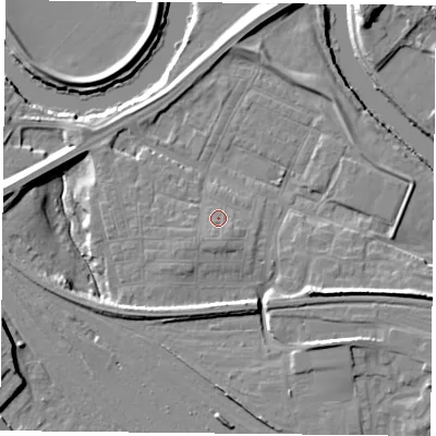 Shaded relief map of the ground around YO264YG, computed from Environment Agency LiDAR. The ground here sits at about 12 m above sea level and falls 13 m across the surrounding 800 m. Surface water reaching this point runs off ground lying to the south, 2.6 m higher.
