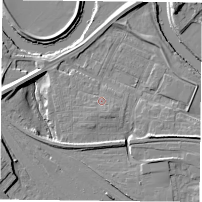 Shaded relief map of the ground around YO264YH, computed from Environment Agency LiDAR. The ground here sits at about 12 m above sea level and falls 13 m across the surrounding 800 m. Surface water reaching this point runs off ground lying to the south-south-east, 2.2 m higher.