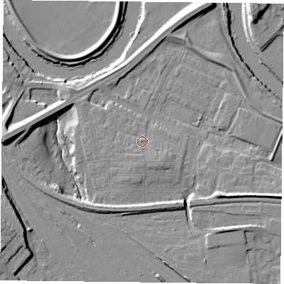 Shaded relief map of the ground around YO264YJ, computed from Environment Agency LiDAR. The ground here sits at about 12 m above sea level and falls 14 m across the surrounding 800 m. Surface water reaching this point runs off ground lying to the south-south-east, 2.3 m higher.