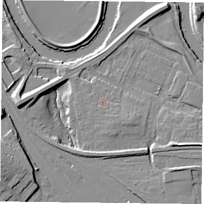 Shaded relief map of the ground around YO264YL, computed from Environment Agency LiDAR. The ground here sits at about 12 m above sea level and falls 15 m across the surrounding 800 m. Surface water reaching this point runs off ground lying to the south-south-east, 1.0 m higher.