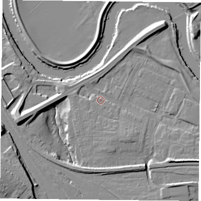 Shaded relief map of the ground around YO264YN, computed from Environment Agency LiDAR. The ground here sits at about 11 m above sea level and falls 15 m across the surrounding 800 m. Surface water reaching this point runs off ground lying to the south-east, 7.3 m higher.