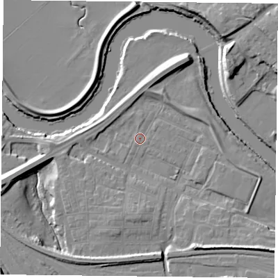 Shaded relief map of the ground around YO264YP, computed from Environment Agency LiDAR. The ground here sits at about 10 m above sea level and falls 13 m across the surrounding 800 m. Surface water reaching this point runs off ground lying to the south-south-east, 7.3 m higher.