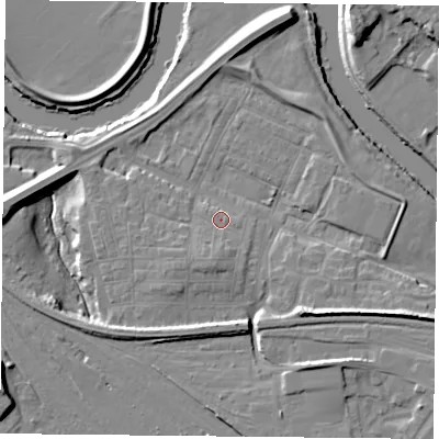 Shaded relief map of the ground around YO264YQ, computed from Environment Agency LiDAR. The ground here sits at about 11 m above sea level and falls 12 m across the surrounding 800 m. Surface water reaching this point runs off ground lying to the south-east, 7.2 m higher.