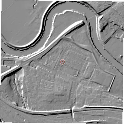 Shaded relief map of the ground around YO264YR, computed from Environment Agency LiDAR. The ground here sits at about 10 m above sea level and falls 13 m across the surrounding 800 m. Surface water reaching this point runs off ground lying to the south-south-east, 7.3 m higher.