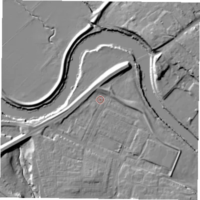 Shaded relief map of the ground around YO264YS, computed from Environment Agency LiDAR. The ground here sits at about 10 m above sea level and falls 11 m across the surrounding 800 m. Surface water reaching this point runs off ground lying to the south, 4.8 m higher.
