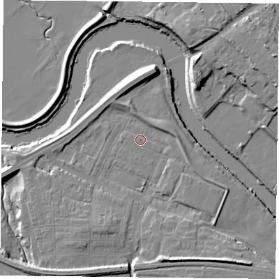 Shaded relief map of the ground around YO264YT, computed from Environment Agency LiDAR. The ground here sits at about 10 m above sea level and falls 11 m across the surrounding 800 m. Surface water reaching this point runs off ground lying to the south, 7.3 m higher.