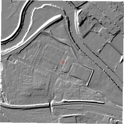 Shaded relief map of the ground around YO264YU, computed from Environment Agency LiDAR. The ground here sits at about 10 m above sea level and falls 12 m across the surrounding 800 m. Surface water reaching this point runs off ground lying to the south, 7.2 m higher.