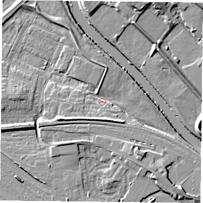 Shaded relief map of the ground around YO264YW, computed from Environment Agency LiDAR. The ground here sits at about 11 m above sea level and falls 12 m across the surrounding 800 m. Surface water reaching this point runs off ground lying to the south, 6.6 m higher.