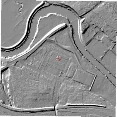 Shaded relief map of the ground around YO264YX, computed from Environment Agency LiDAR. The ground here sits at about 10 m above sea level and falls 11 m across the surrounding 800 m. Surface water reaching this point runs off ground lying to the south-south-east, 7.3 m higher.