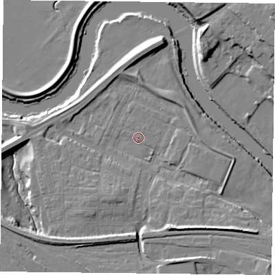 Shaded relief map of the ground around YO264YY, computed from Environment Agency LiDAR. The ground here sits at about 10 m above sea level and falls 11 m across the surrounding 800 m. Surface water reaching this point runs off ground lying to the south-south-east, 7.3 m higher.