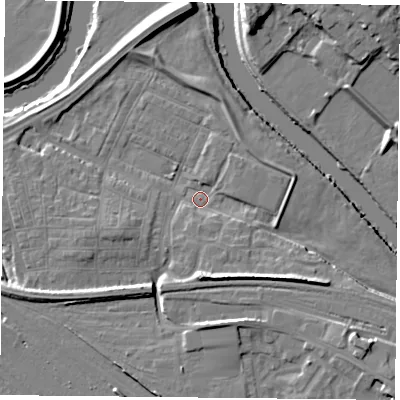 Shaded relief map of the ground around YO264YZ, computed from Environment Agency LiDAR. The ground here sits at about 10 m above sea level and falls 12 m across the surrounding 800 m. Surface water reaching this point runs off ground lying to the south, 6.9 m higher.