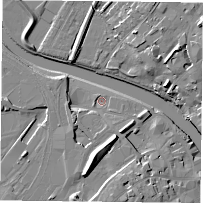 Shaded relief map of the ground around YO264ZP, computed from Environment Agency LiDAR. The ground here sits at about 9 m above sea level and falls 19 m across the surrounding 800 m. Surface water reaching this point runs off ground lying to the south, 2.4 m higher.