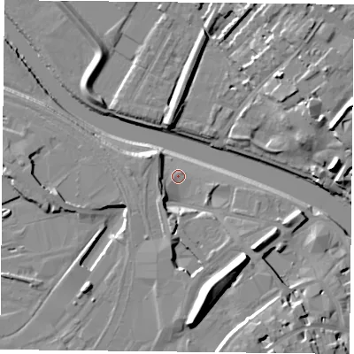 Shaded relief map of the ground around YO264ZZ, computed from Environment Agency LiDAR. The ground here sits at about 10 m above sea level and falls 18 m across the surrounding 800 m. Surface water reaching this point runs off ground lying to the west-south-west, 4.1 m higher.