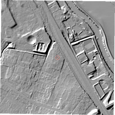 Shaded relief map of the ground around YO265FB, computed from Environment Agency LiDAR. The ground here sits at about 13 m above sea level and falls 16 m across the surrounding 800 m. Surface water reaching this point runs off ground lying to the south-south-west, 1.6 m higher.