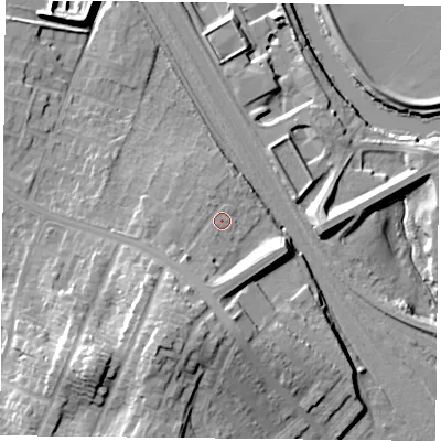 Shaded relief map of the ground around YO265RX, computed from Environment Agency LiDAR. The ground here sits at about 17 m above sea level and falls 24 m across the surrounding 800 m. Surface water reaching this point runs off ground lying to the south, 6.1 m higher.