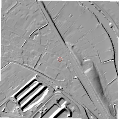 Shaded relief map of the ground around YO266AF, computed from Environment Agency LiDAR. The ground here sits at about 13 m above sea level and falls 24 m across the surrounding 800 m. Surface water reaching this point runs off ground lying to the west-south-west, 1.1 m higher.
