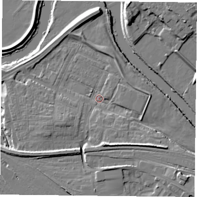 Shaded relief map of the ground around YO266AU, computed from Environment Agency LiDAR. The ground here sits at about 10 m above sea level and falls 12 m across the surrounding 800 m. Surface water reaching this point runs off ground lying to the south, 7.2 m higher.