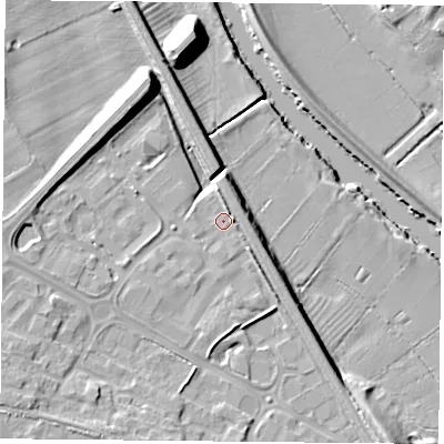 Shaded relief map of the ground around YO266BL, computed from Environment Agency LiDAR. The ground here sits at about 13 m above sea level and falls 15 m across the surrounding 800 m. Surface water reaching this point runs off ground lying to the east-south-east, 1.0 m higher.