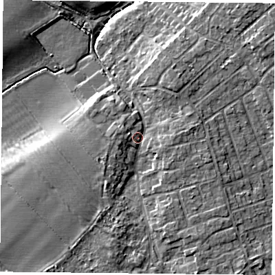 Shaded relief map of the ground around YO266DL, computed from Environment Agency LiDAR. The ground here sits at about 17 m above sea level and falls 10 m across the surrounding 800 m. Surface water reaching this point runs off ground lying to the south-south-east, 3.7 m higher.