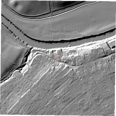 Shaded relief map of the ground around YO266HZ, computed from Environment Agency LiDAR. The ground here sits at about 12 m above sea level and falls 14 m across the surrounding 800 m. Surface water reaching this point runs off ground lying to the south-east, 7.7 m higher.