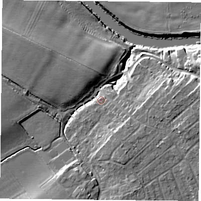 Shaded relief map of the ground around YO266JX, computed from Environment Agency LiDAR. The ground here sits at about 12 m above sea level and falls 13 m across the surrounding 800 m. Surface water reaching this point runs off ground lying to the south-south-east, 2.5 m higher.