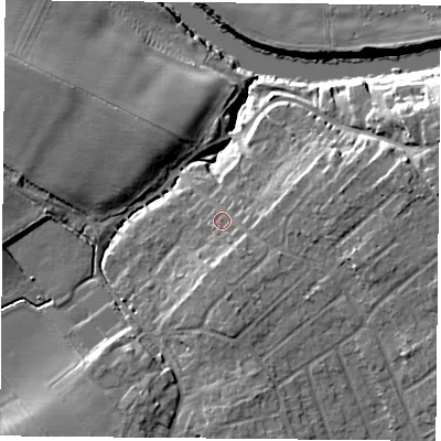 Shaded relief map of the ground around YO266JY, computed from Environment Agency LiDAR. The ground here sits at about 14 m above sea level and falls 14 m across the surrounding 800 m. Surface water reaching this point runs off ground lying to the east, 5.8 m higher.