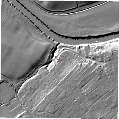 Shaded relief map of the ground around YO266LL, computed from Environment Agency LiDAR. The ground here sits at about 13 m above sea level and falls 14 m across the surrounding 800 m. Surface water reaching this point runs off ground lying to the east-south-east, 8.4 m higher.