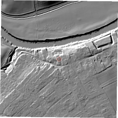 Shaded relief map of the ground around YO266LP, computed from Environment Agency LiDAR. The ground here sits at about 17 m above sea level and falls 14 m across the surrounding 800 m. Surface water reaching this point runs off ground lying to the east-south-east, 0.7 m higher.