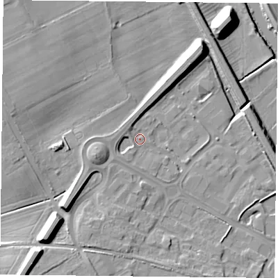 Shaded relief map of the ground around YO266RA, computed from Environment Agency LiDAR. The ground here sits at about 13 m above sea level and falls 19 m across the surrounding 800 m. Surface water reaching this point runs off ground lying to the south-west, 8.0 m higher.