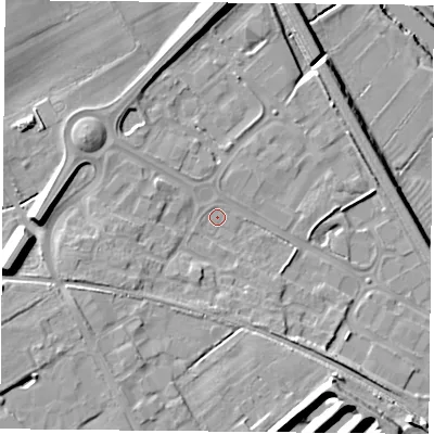 Shaded relief map of the ground around YO266RB, computed from Environment Agency LiDAR. The ground here sits at about 13 m above sea level and falls 19 m across the surrounding 800 m. Surface water reaching this point runs off ground lying to the west, 7.7 m higher.