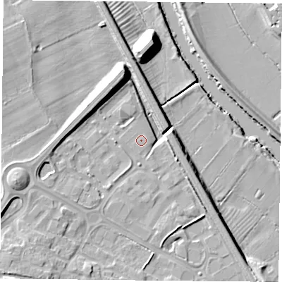 Shaded relief map of the ground around YO266RL, computed from Environment Agency LiDAR. The ground here sits at about 13 m above sea level and falls 15 m across the surrounding 800 m. The ground contributing surface water to this point lies to the east.