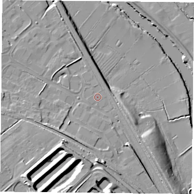 Shaded relief map of the ground around YO266RN, computed from Environment Agency LiDAR. The ground here sits at about 13 m above sea level and falls 23 m across the surrounding 800 m. Surface water reaching this point runs off ground lying to the south-south-west, 5.6 m higher.