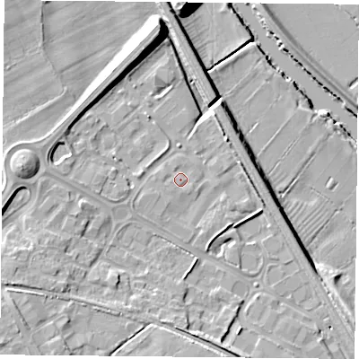 Shaded relief map of the ground around YO266RS, computed from Environment Agency LiDAR. The ground here sits at about 13 m above sea level and falls 15 m across the surrounding 800 m. Surface water reaching this point runs off ground lying to the east-south-east, 0.6 m higher.