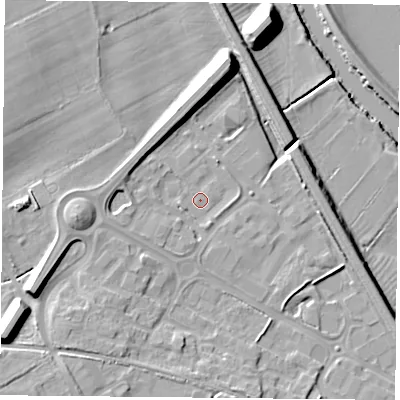 Shaded relief map of the ground around YO266RW, computed from Environment Agency LiDAR. The ground here sits at about 13 m above sea level and falls 18 m across the surrounding 800 m. Surface water reaching this point runs off ground lying to the south-west, 2.4 m higher.