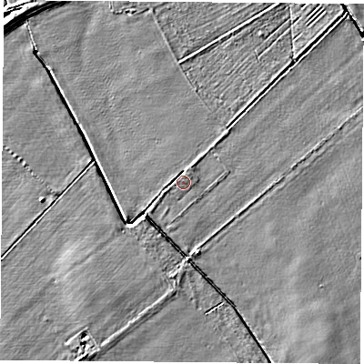 Shaded relief map of the ground around YO267PB, computed from Environment Agency LiDAR. The ground here sits at about 15 m above sea level and falls 5 m across the surrounding 800 m. Surface water reaching this point runs off ground lying to the north-north-east, 0.9 m higher.