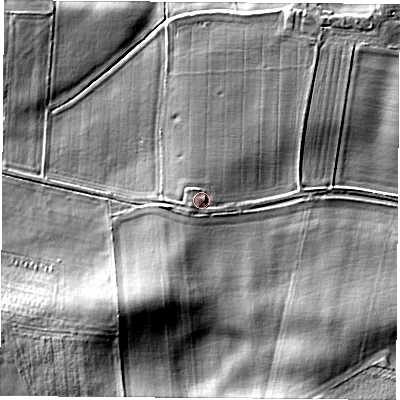 Shaded relief map of the ground around YO267PL, computed from Environment Agency LiDAR. The ground here sits at about 24 m above sea level and falls 14 m across the surrounding 800 m. Surface water reaching this point runs off ground lying to the south-west, 1.4 m higher.
