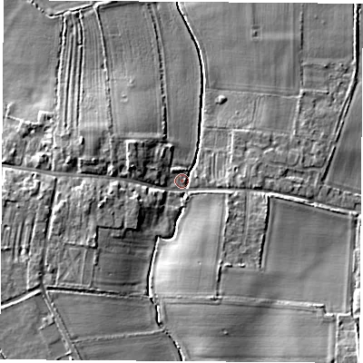 Shaded relief map of the ground around YO267PR, computed from Environment Agency LiDAR. The ground here sits at about 21 m above sea level and falls 11 m across the surrounding 800 m. Surface water reaching this point runs off ground lying to the south-south-east, 5.8 m higher.