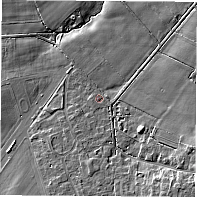 Shaded relief map of the ground around YO267QD, computed from Environment Agency LiDAR. The ground here sits at about 18 m above sea level and falls 10 m across the surrounding 800 m. Surface water reaching this point runs off ground lying to the south-south-west, 2.3 m higher.