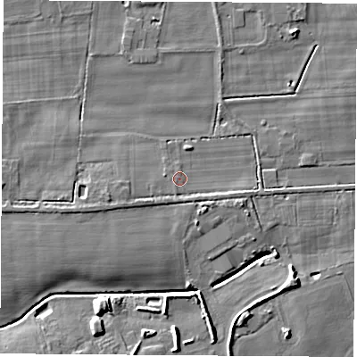 Shaded relief map of the ground around YO267QE, computed from Environment Agency LiDAR. The ground here sits at about 19 m above sea level and falls 8 m across the surrounding 800 m. Surface water reaching this point runs off ground lying to the west-south-west, 2.1 m higher.