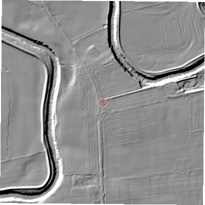 Shaded relief map of the ground around YO267QH, computed from Environment Agency LiDAR. The ground here sits at about 20 m above sea level and falls 9 m across the surrounding 800 m. Surface water reaching this point runs off ground lying to the south, 0.7 m higher.