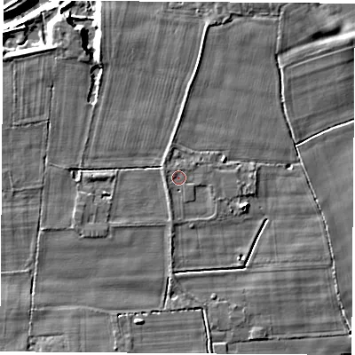 Shaded relief map of the ground around YO267QJ, computed from Environment Agency LiDAR. The ground here sits at about 18 m above sea level and falls 8 m across the surrounding 800 m. Surface water reaching this point runs off ground lying to the south-west, 0.9 m higher.