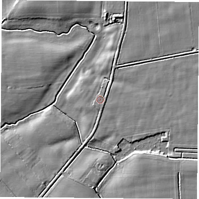 Shaded relief map of the ground around YO267QL, computed from Environment Agency LiDAR. The ground here sits at about 16 m above sea level and falls 6 m across the surrounding 800 m. Surface water reaching this point runs off ground lying to the south-east, 0.6 m higher.