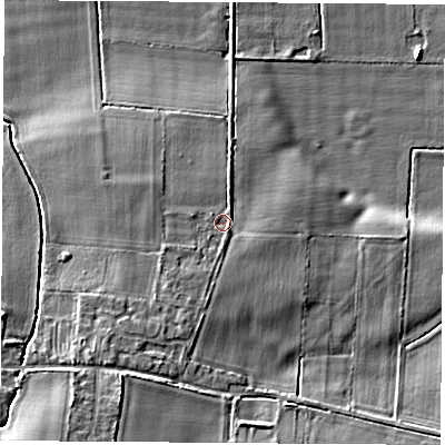 Shaded relief map of the ground around YO267QN, computed from Environment Agency LiDAR. The ground here sits at about 20 m above sea level and falls 8 m across the surrounding 800 m. Surface water reaching this point runs off ground lying to the south-south-west, 1.2 m higher.