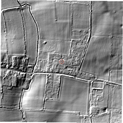 Shaded relief map of the ground around YO267QR, computed from Environment Agency LiDAR. The ground here sits at about 21 m above sea level and falls 10 m across the surrounding 800 m. Surface water reaching this point runs off ground lying to the south-south-west, 1.4 m higher.