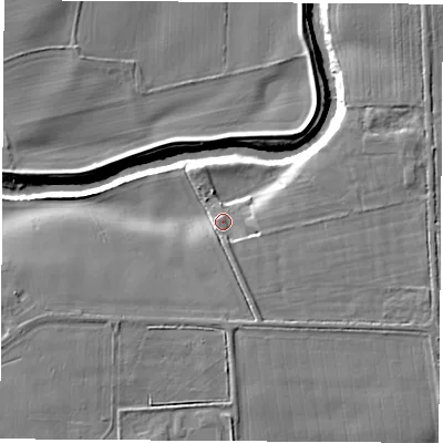 Shaded relief map of the ground around YO267RF, computed from Environment Agency LiDAR. The ground here sits at about 20 m above sea level and falls 9 m across the surrounding 800 m. Surface water reaching this point runs off ground lying to the south-south-east, 2.6 m higher.
