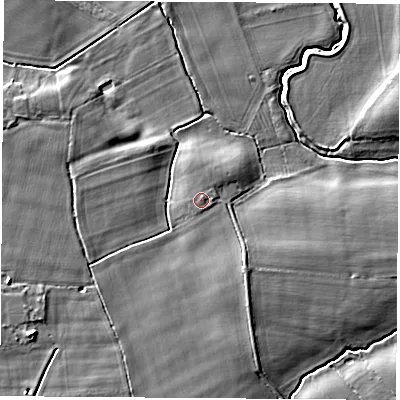 Shaded relief map of the ground around YO267RJ, computed from Environment Agency LiDAR. The ground here sits at about 17 m above sea level and falls 7 m across the surrounding 800 m. The ground contributing surface water to this point lies to the east.