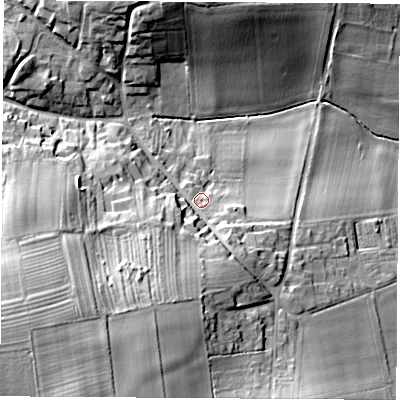 Shaded relief map of the ground around YO268AW, computed from Environment Agency LiDAR. The ground here sits at about 41 m above sea level and falls 28 m across the surrounding 800 m. Surface water reaching this point runs off ground lying to the south-south-west, 16.8 m higher.