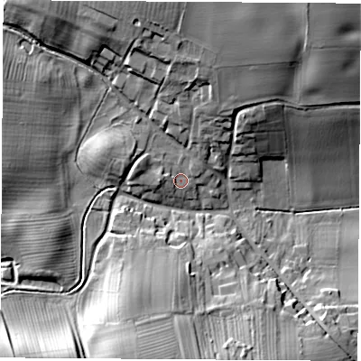 Shaded relief map of the ground around YO268BU, computed from Environment Agency LiDAR. The ground here sits at about 40 m above sea level and falls 23 m across the surrounding 800 m. Surface water reaching this point runs off ground lying to the north, 16.5 m higher.